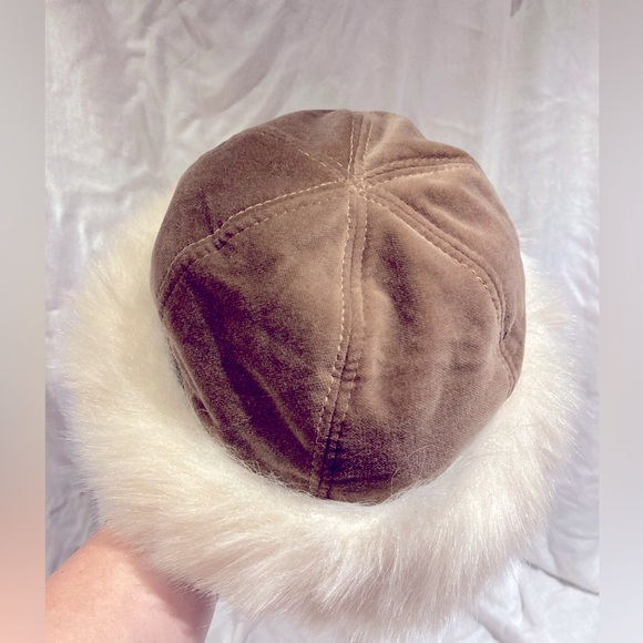 *3 for $20* PRICE DROP! Winter Hat, Golden Brown Velvet Cap, Ivory Faux Fur Trim - Picture 5 of 9